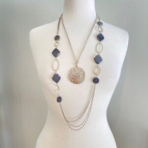 Modern Black & Silver Layered Necklace With Geometric Accents & Medallion Pendan